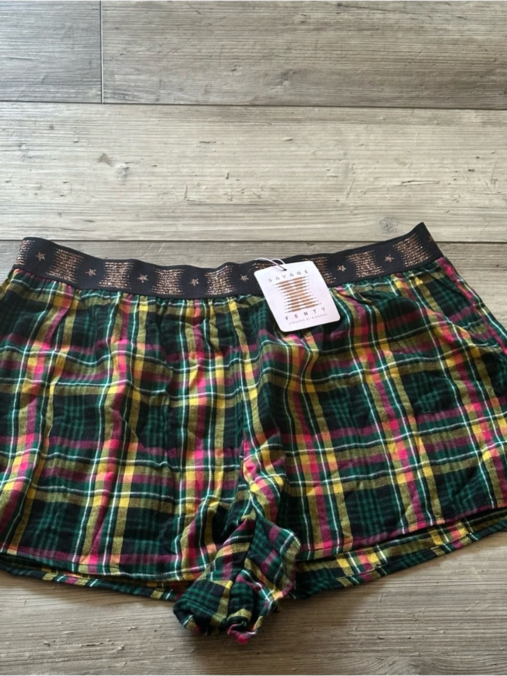 Savage X Fenty Green Multi Plaid Lounge Shorts with Metallic Waistband Size XL